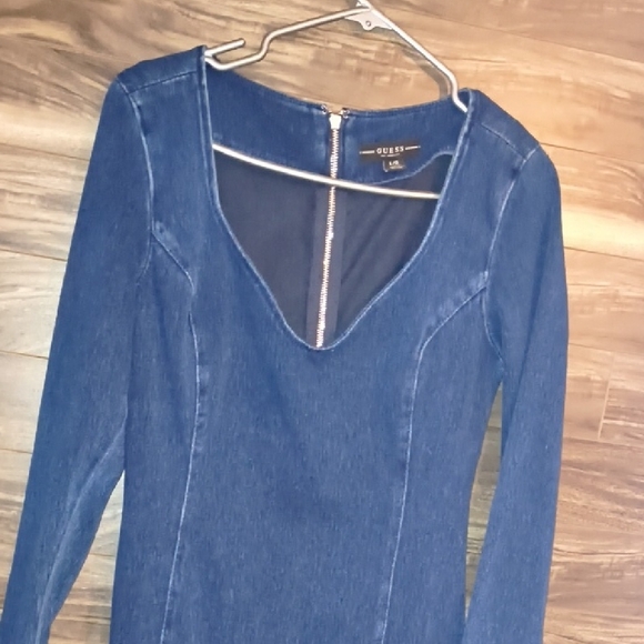 GUESS Denim Long Sleeve Bodycon Dress - Dark Wash - Size Large - Picture 2 of 10